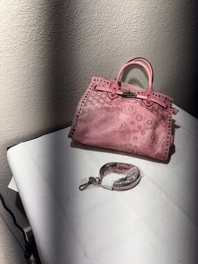 Mia and Joy Pink Laser-Cut Satchel Handbag with Detachable Strap